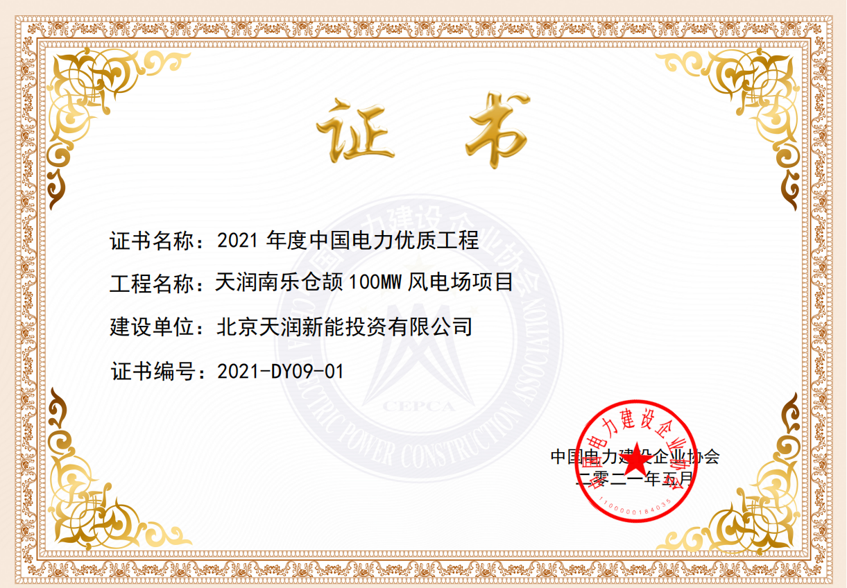 2021年度中国电力优质工程奖—南乐仓颉100MW风电场项目